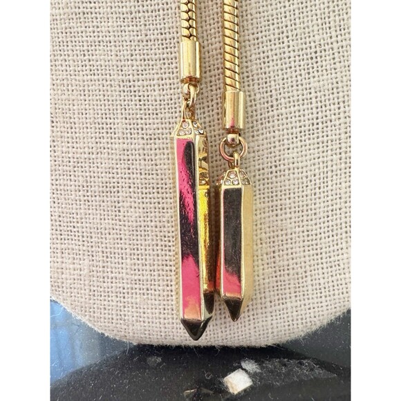 Gold Plated Lariat Necklace Snake Chain Geometric Rhinestone Drop Beads - Picture 6 of 10